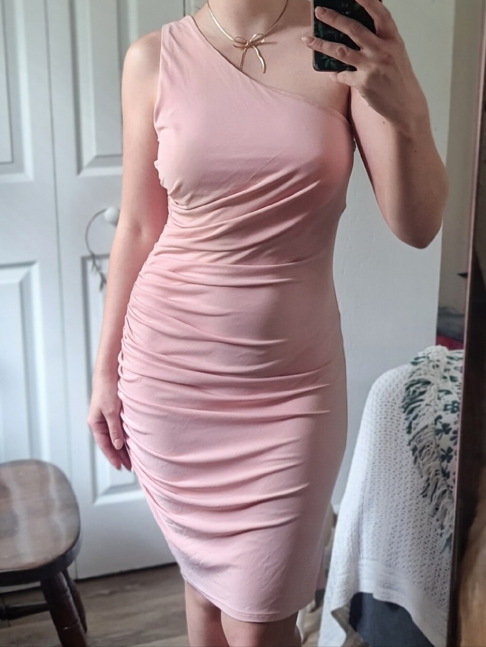 Michael Costello One-Shoulder Dusty Pink Ruched Bodycon Dress